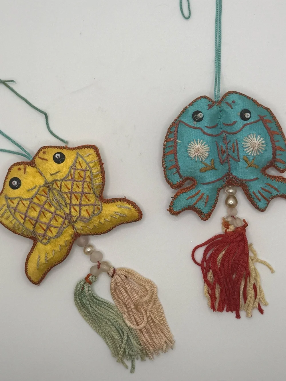 Vintage Asian silk Fish Tassel ORNAMENTS Pair Koi Goldfish Embroidered Decor